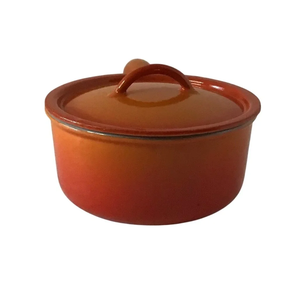 Vintage Descoware Belgium Enameled Cast Iron Saucepan‎ w/ Lid Flame Orange 1 Qt